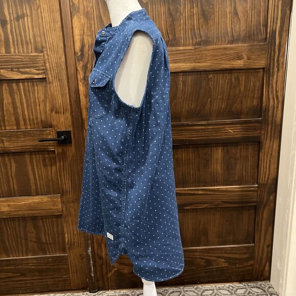 LRL Lauren Jeans Tunic Shirt Women S Sleeveless Polka Dot Denim Button Chambray - Picture 11 of 16